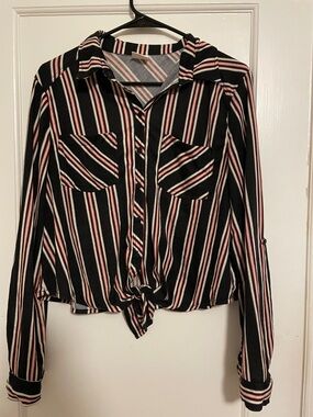 Passport Black Striped Tie-Front Button-Down Shirt
